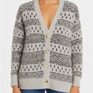 Evereve Cardigan Sweater Size XL Womens Fair Isle Tunic Gray Black Button NWT